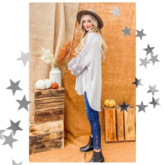 Waffle Knit High Low Tunic with Crochet Bubble Sleeves - Picture 2 of 4